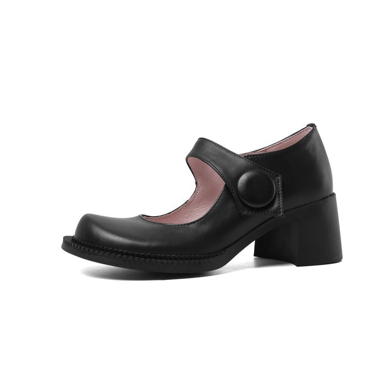 Korean Version Of Patent Leather Single Toe Layer Cowhide Round Toe Buckle Thick Heel Mid-Heel Pumps