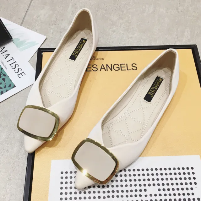 Pointed Toe Flat Shoes Women's Soft Soled Square Buckle Pumps Apricot - Shop at LoveMi