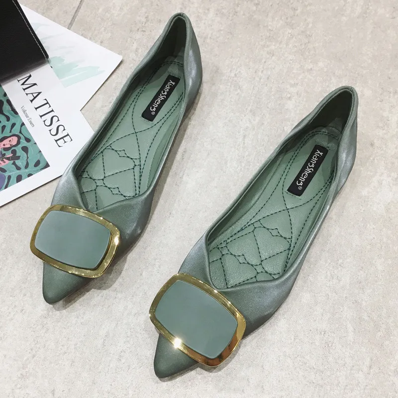Pointed Toe Flat Shoes Women's Soft Soled Square Buckle Pumps - Green
