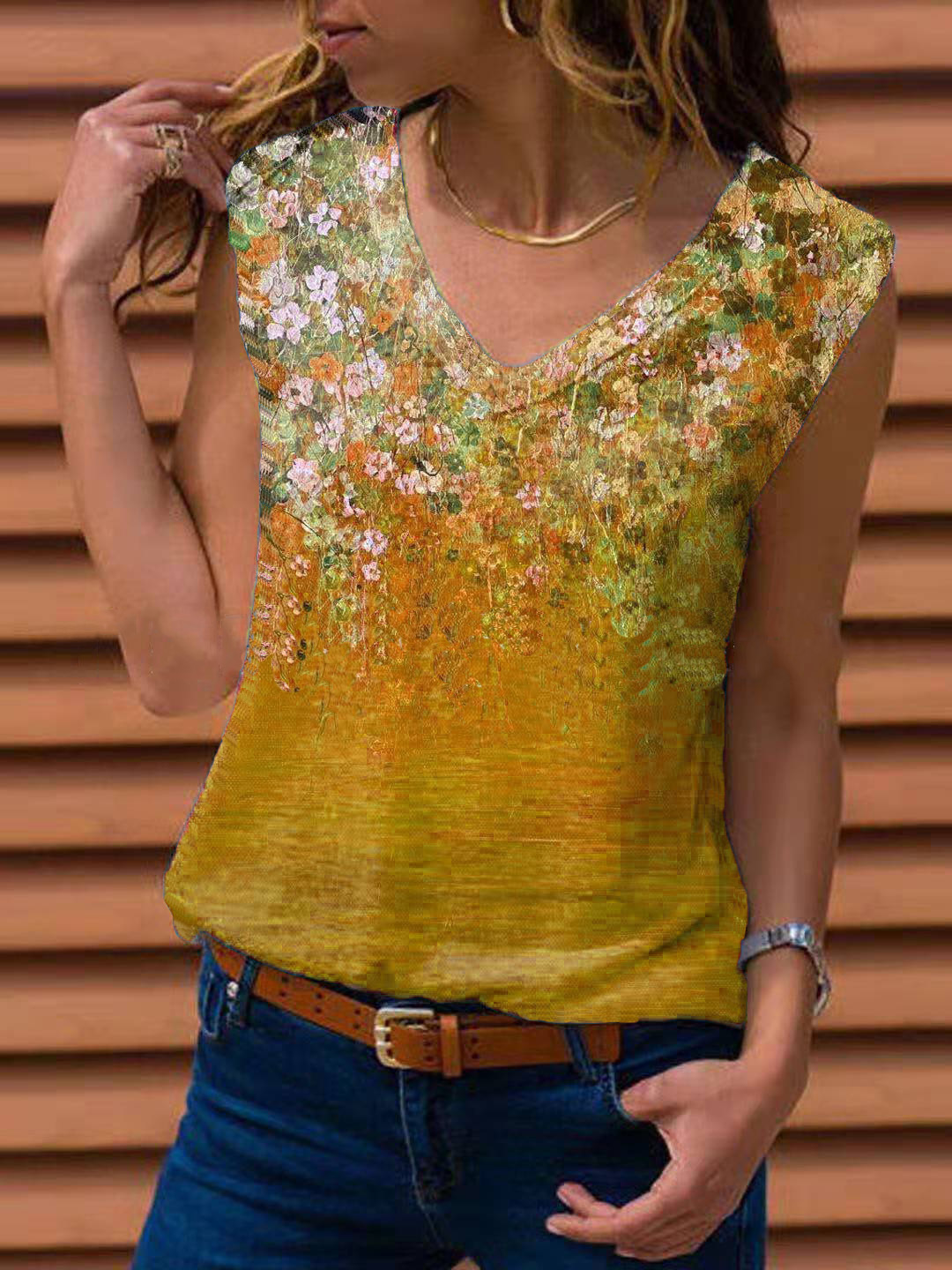 Ladies Floral Vest Sleeveless T shirt Yellow - Shop at LoveMi