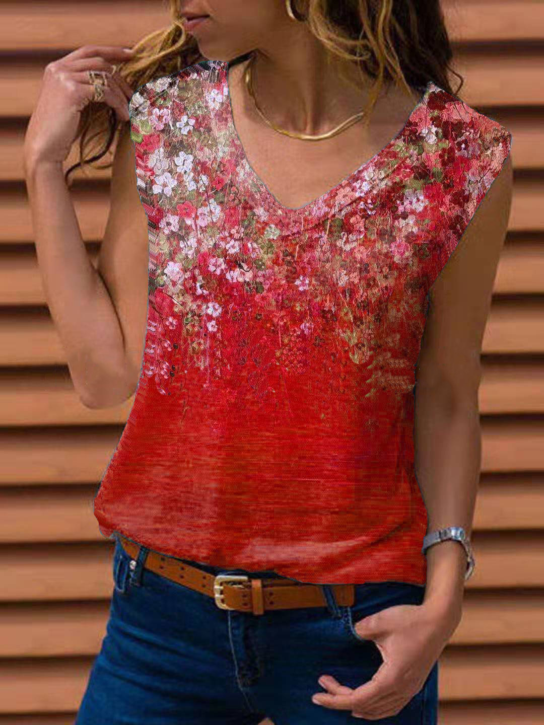 Ladies Floral Vest Sleeveless T shirt Red - Shop at LoveMi