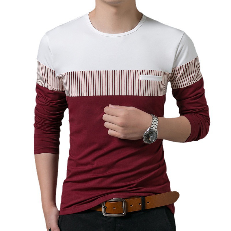 Men's Slim Vertical Stripes Color Matching Long Sleeved Casual T Shirt