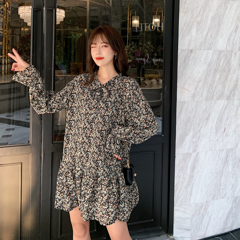 V-Neck Tie Slim Chiffon Skirt Floral Lotus Leaf Dress