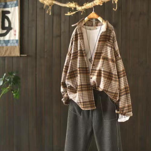 Thickened Shirt Retro Spring Brushed Plaid New Female Loose Shirt