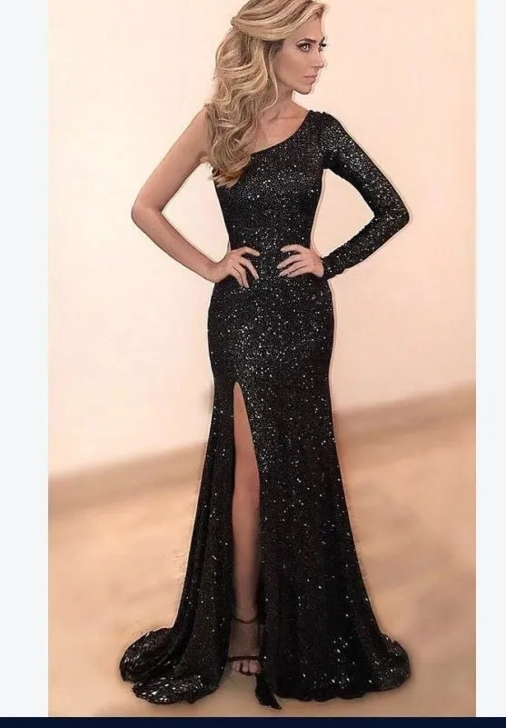 The New Women's Wear Long Sleeve One Shoulder Bronzing Eveni Black - Shop at LoveMi