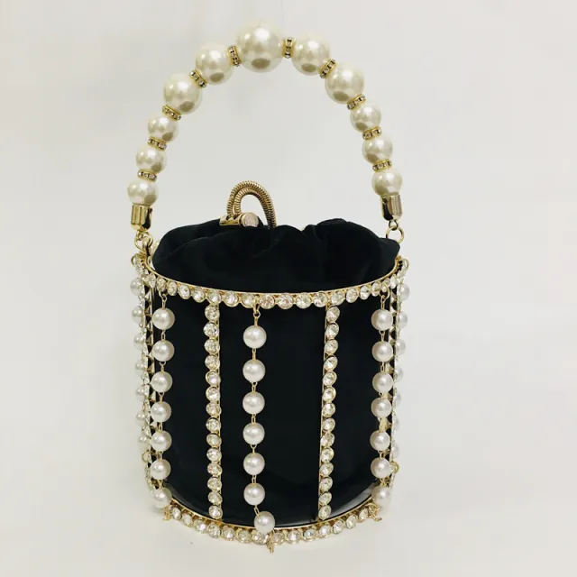 Pearl Rhinestone Bucket Bag Handbag Dress Bag Chain Black - Shop at LoveMi