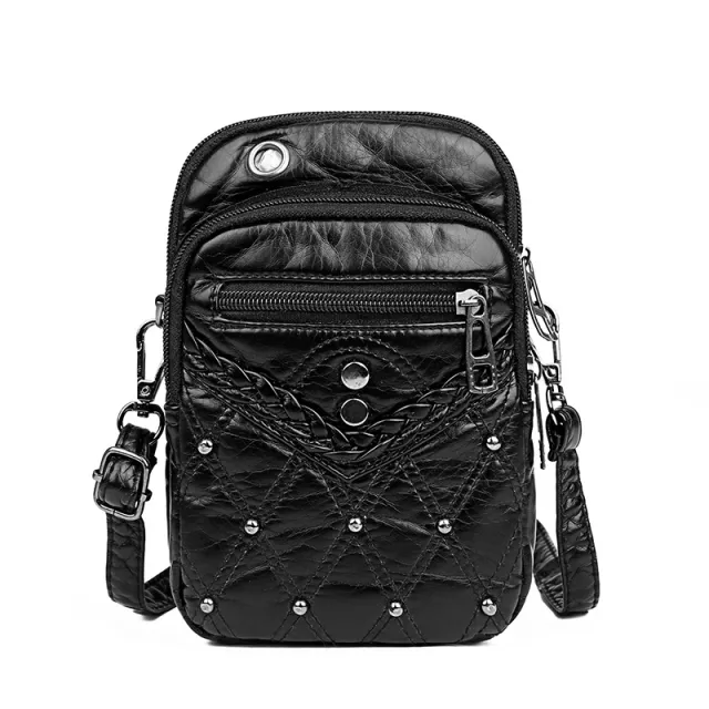 Lady Rivet Coin Purse Mobile Phone Bag Lady Shoulder Messenger Bag Washed Leather Soft Leather Bag Black - Shop at LoveMi