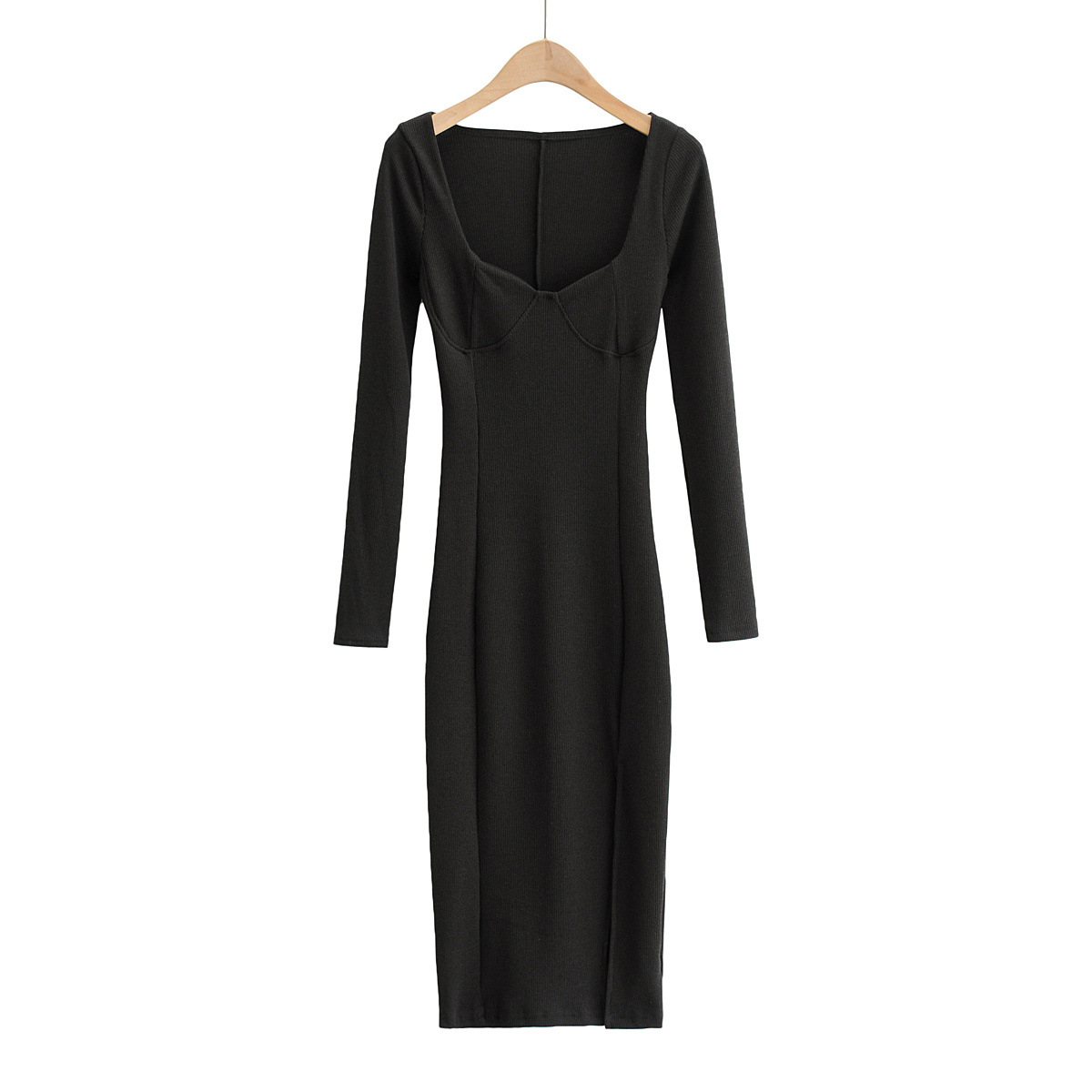 Knitted Dress Ins European And American Style Fashion Trend Women'S Side Slit Long-Sleeved Hip Skirt