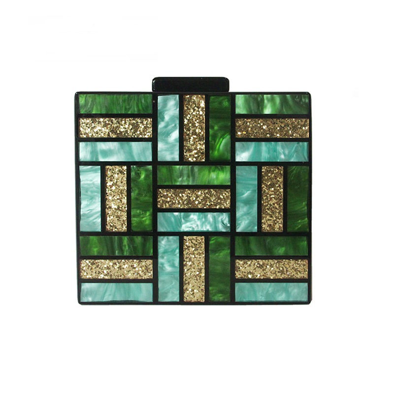 New One-Shoulder Diagonal Bag Green Stitching Square Acrylic Bag Fashion All-Match Wedding Dinner Clutch