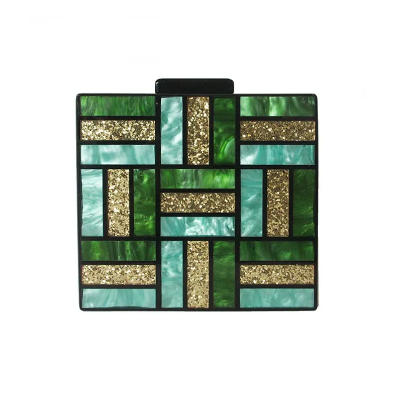 New One-Shoulder Diagonal Bag Green Stitching Square Acrylic Bag Fashion All-Match Wedding Dinner Clutch - Green