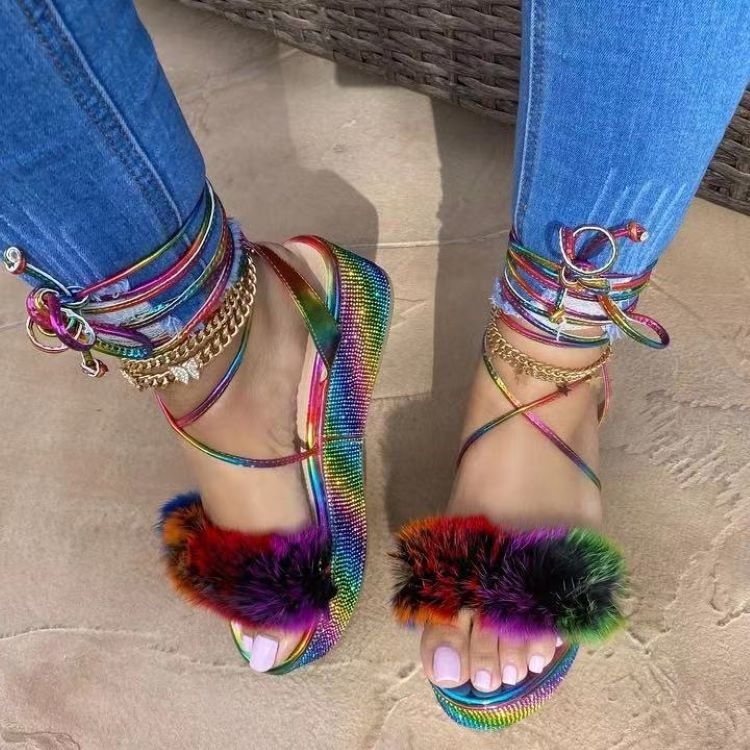 Colored Plush Sandals Women'S Thick-Soled Rhinestone Foreign Trade Roman Women'S Shoes