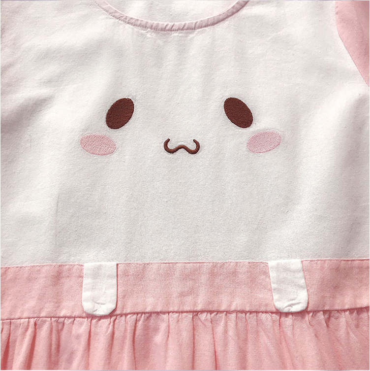 Summer New Style Japanese College Style Cute Cat Embroidery Cotton And Linen Loose Short-Sleeved Dress Women