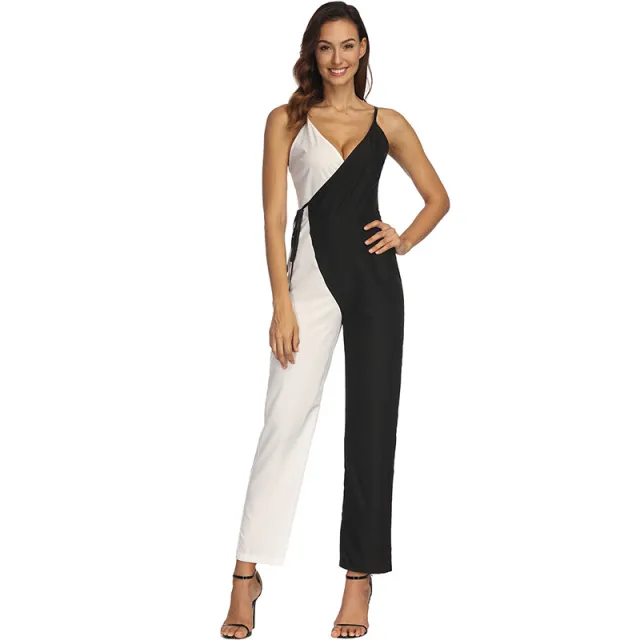 Women's Black And White Color Matching European And American Sexy Sling Jumpsuit Trousers Black - Shop at LoveMi