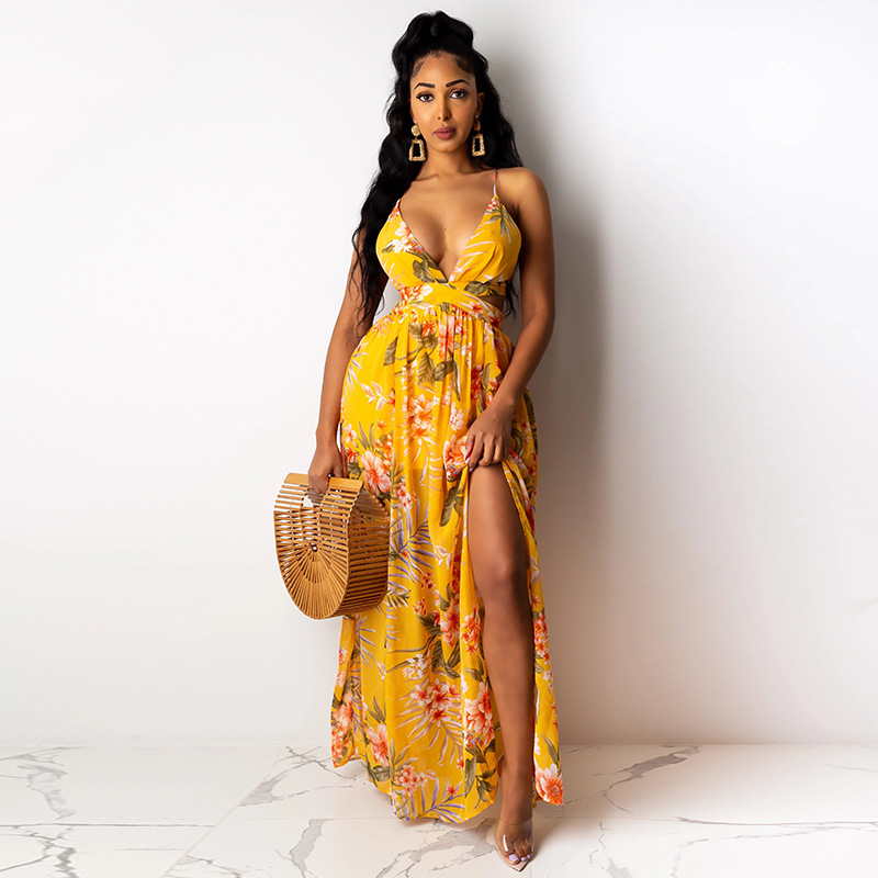 Summer temperament sling type high waist temperament long sleeved pink dress French temperament commuter print women's clothing Yellow - Shop at LoveMi