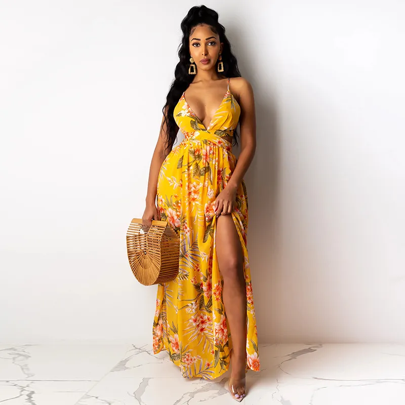 Summer temperament sling type high waist temperament long-sleeved pink dress French temperament commuter print women's clothing - Yellow