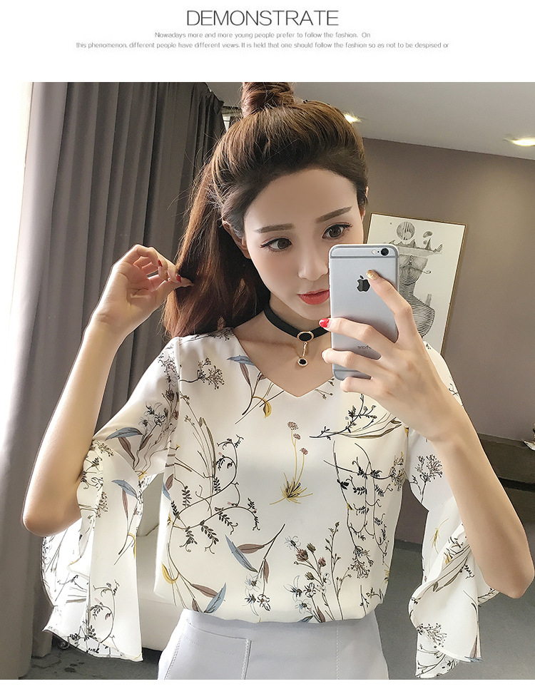 Summer Small Fresh Floral Short-Sleeved Chiffon Shirt New Korean Chiffon Super Fairy Trumpet Sleeve T-Shirt Top Women