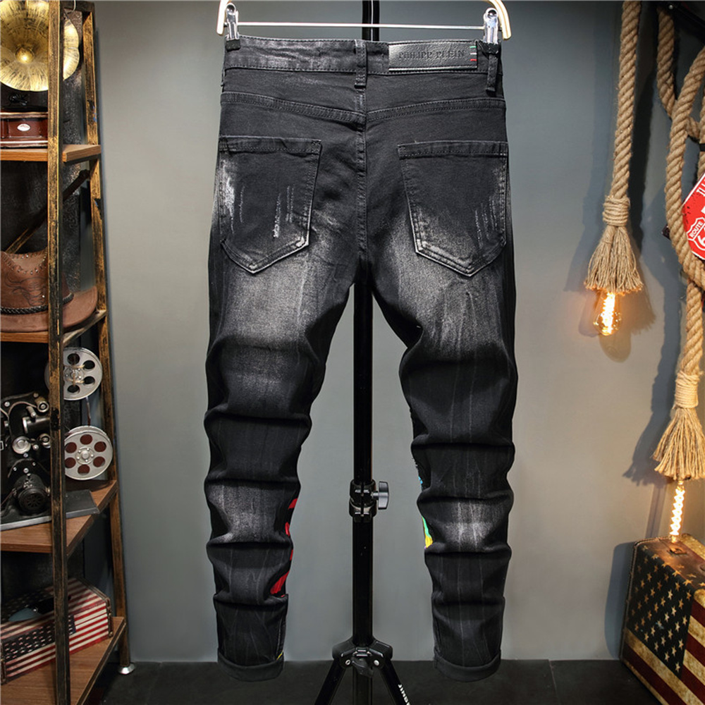 Title 1, Mens black body fitted PP wash jeans, ragged c...