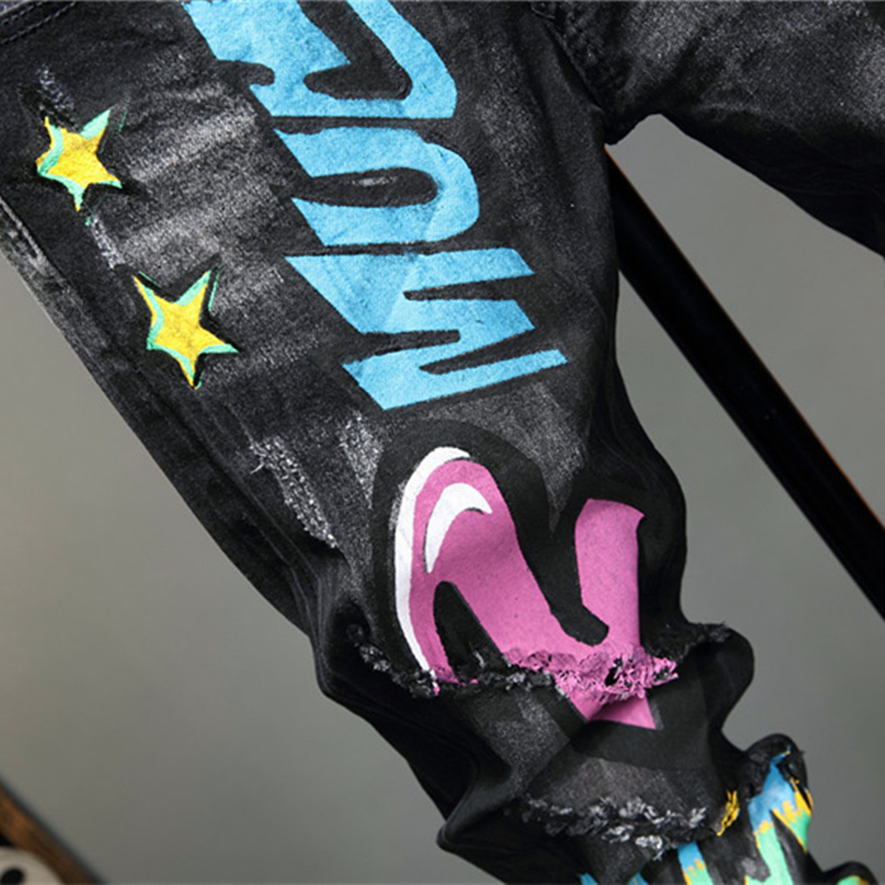 New Ragged Cat In Autumn And Winter Men'S Body Fitted Pp Wash Jeans Black Print Tight