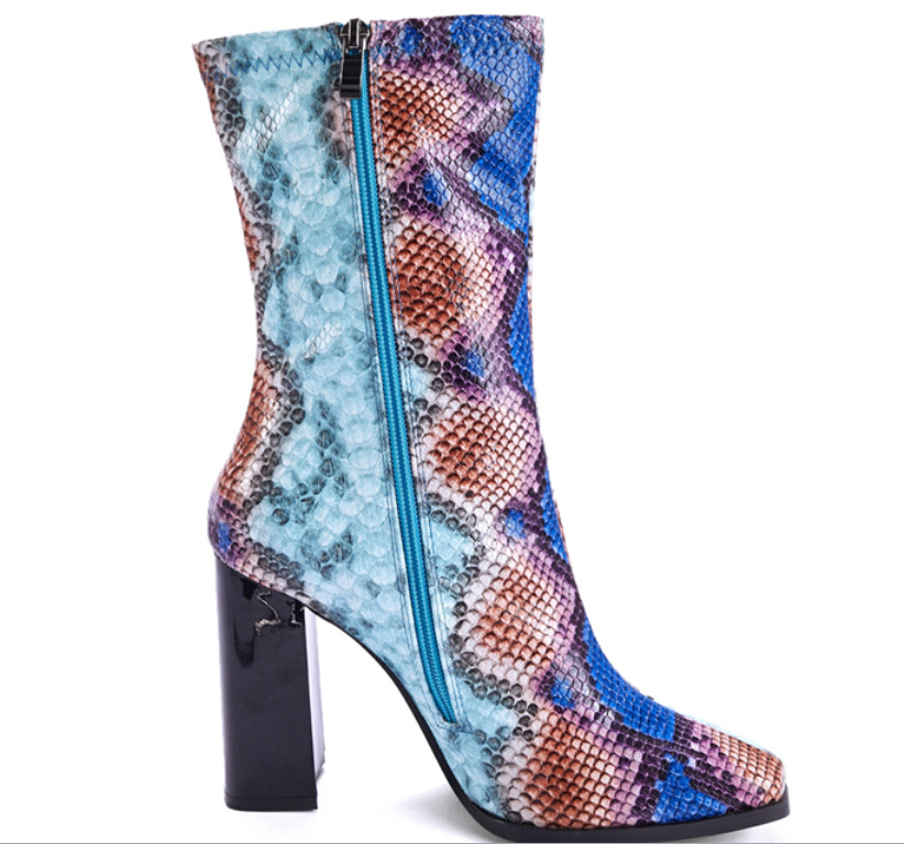 Women's Boots Thick High-Heeled Boots Snake Print Skinny Boots Martin Boots