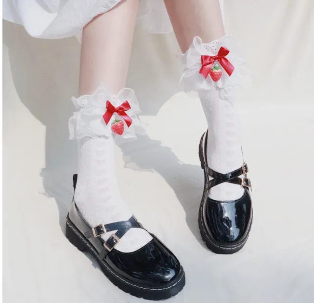 Japanese Strawberry Tube Socks Lolita Mesh Summer Cotton Socks Cute Girl Lace Socks White - Shop at LoveMi