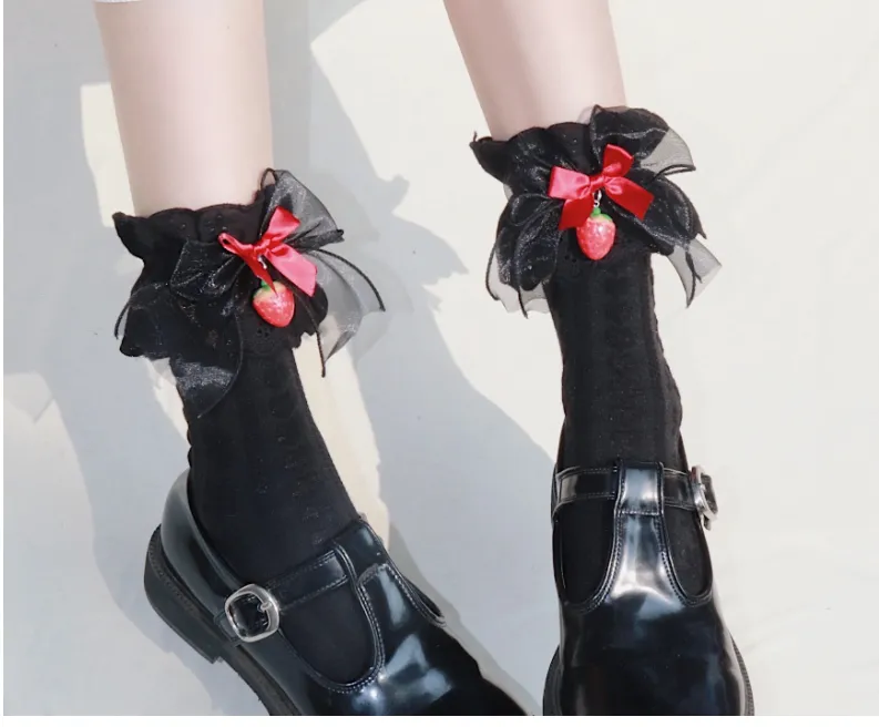Japanese Strawberry Tube Socks Lolita Mesh Summer Cotton Socks Cute Girl Lace Socks - Black