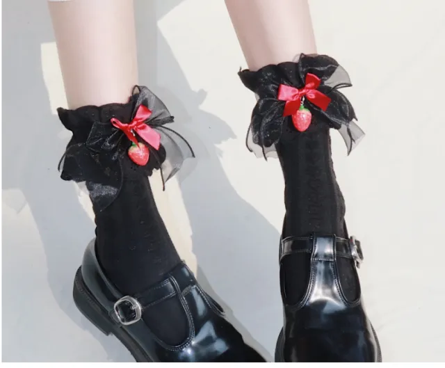 Japanese Strawberry Tube Socks Lolita Mesh Summer Cotton Socks Cute Girl Lace Socks Black - Shop at LoveMi