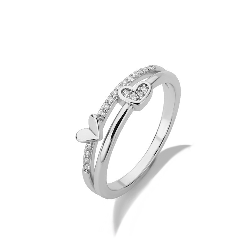 Simple Gold Double Layer Small Love Ring Ladies Heart-Shaped Ring Ins Wind Micro-Inlaid Zircon Ring Cross-Border Jewelry