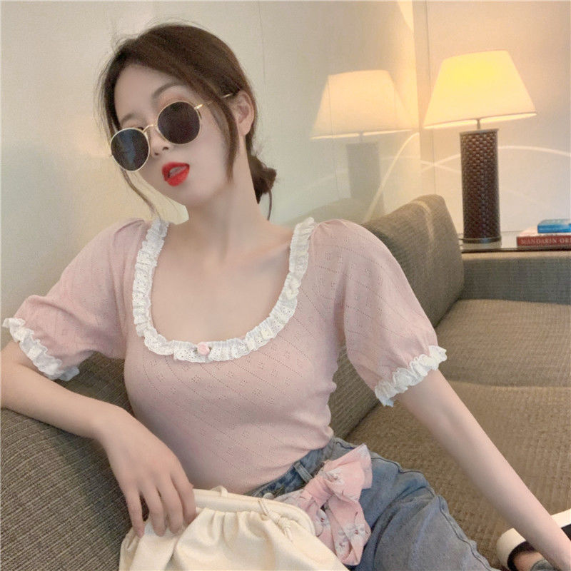 Retro Aquare Collar Stitching Lace Trim Short-Sleeved T-Shirt Women