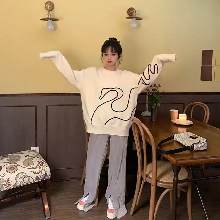 Round Neck Solid Color Sweater Female Student College Style Loose Bottoming Sweater