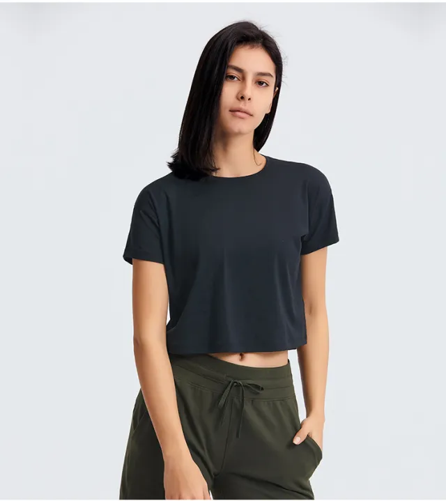 Spring New Yoga Tops Women'S Round Neck Half Length Sports Loose Breathable Running Sports Fitness Short Sleeves Black - Shop at LoveMi
