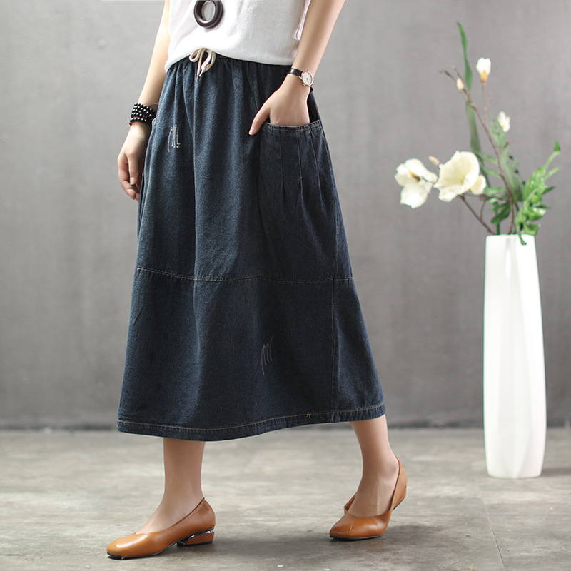 Retro Ethnic Style Washed And Polished White And Light Board Denim Skirt
