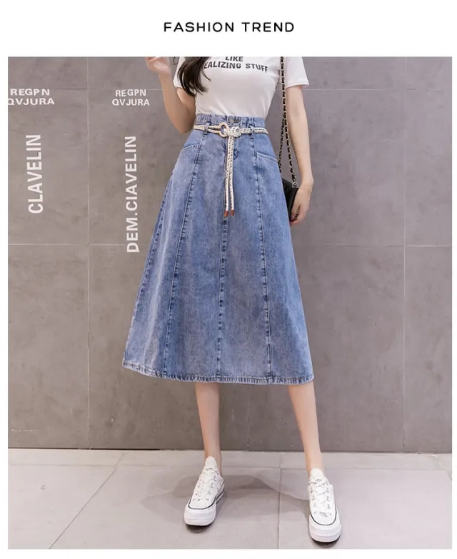 Chic French Loose Denim Skirt Casual Slim Literary A line Skirt Mid length Skirt Blue - Shop at LoveMi