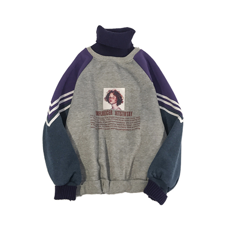 Turtleneck Pullover Sweater Winter Student Tide Brand Capless New Stitching Hip-Hop Trend Korean Loose Sweater Men