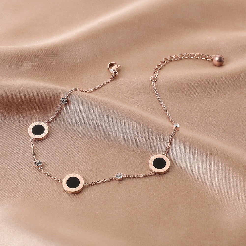 Spring New Stainless Steel Rose Gold Anklet Round Black Oil Roman Numeral Simple Personality Jewelry