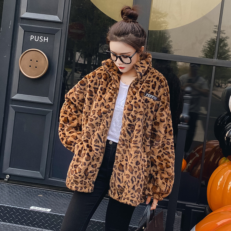 Coat Autumn And Winter Loose Lamb Wool Sweater Thick And Velvet Wild Leopard Print Cardigan Top Leopard - Shop at LoveMi