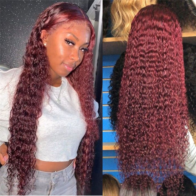 Mid-section Red Burgundy Wavy Long Curly Hair Wig Set