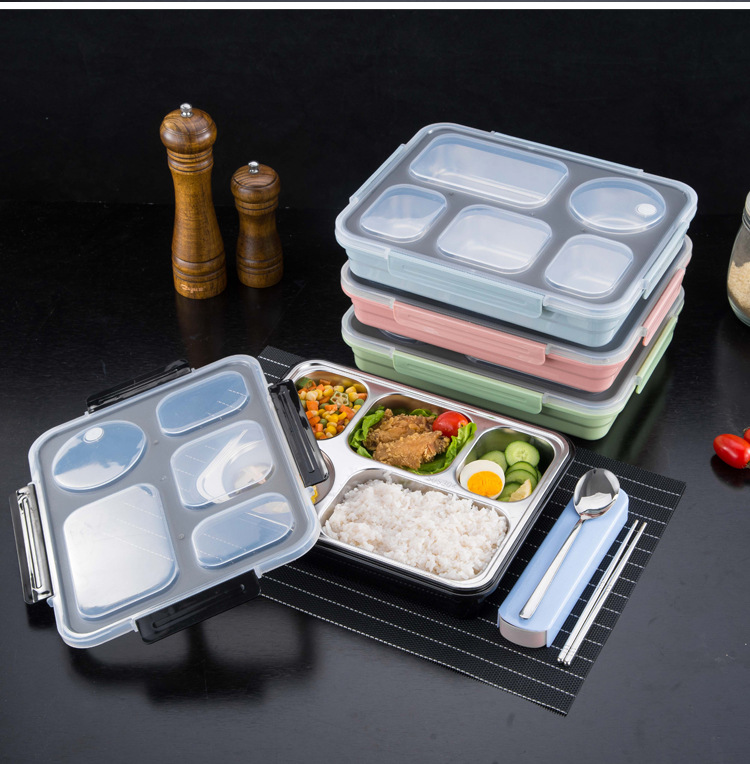 304 Stainless Steel Airtight Lunch Box Portable Sub-compartment Spill-proof Dinner Plate Adult Children 4 Compartment 5 Compartment Lunch Box