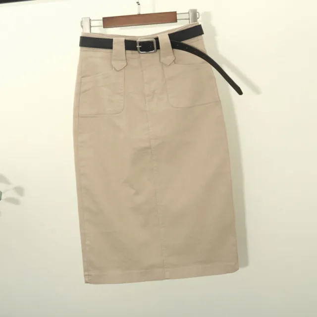 Denim Skirt Women Summer Casual High Waist Pacakge Hip Split Knee Length Ol Jeans Skirt Khaki - Shop at LoveMi