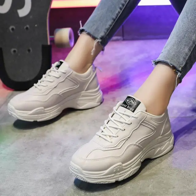 Spring Heightening Sneakers Thick Soled All Match White Shoes Beige - Shop at LoveMi