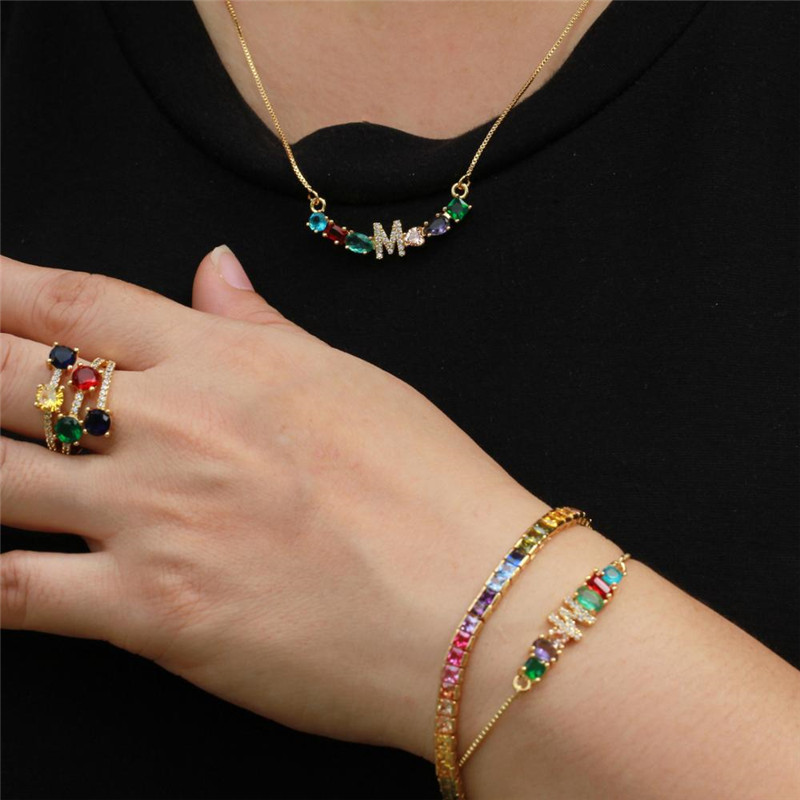 European And American Micro Zircon Inlaid Copper Gold-plated Colored Gemstone High-end Bracelet