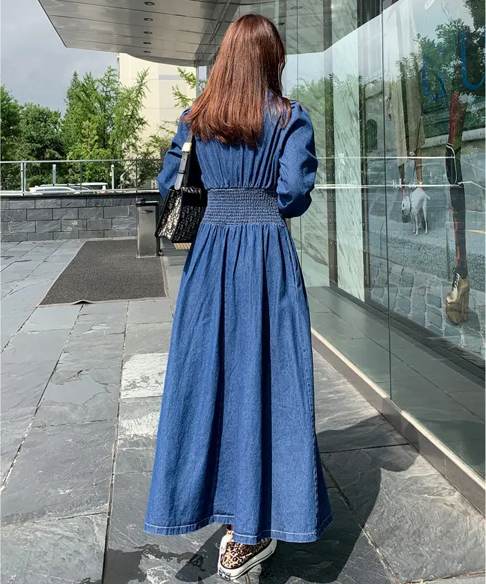 Mid-length Waist Slim Denim One-piece Dress