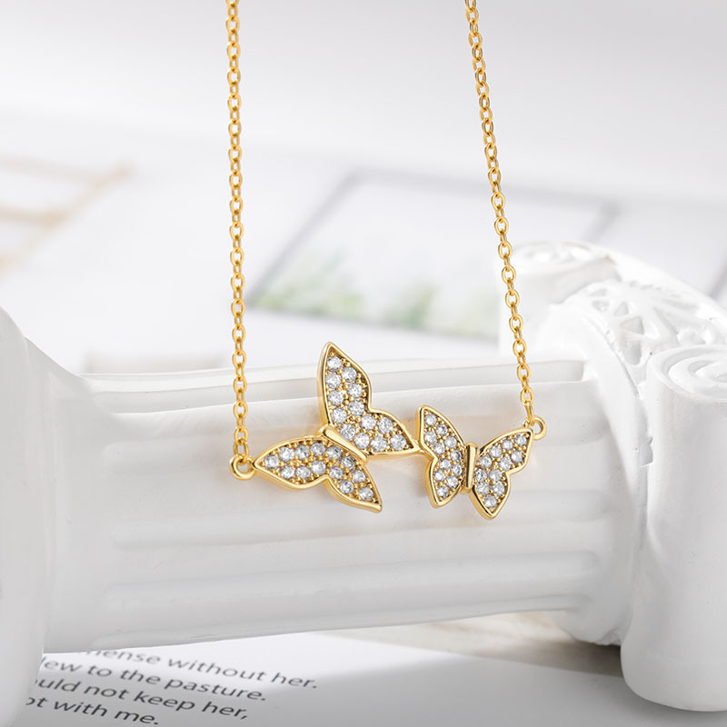 Trendy Two Butterfly Crystal Zircon Pendant Necklace For Women Stainless Steel Gold Chain Choker Fashion Jewelry Couple Girl Gif