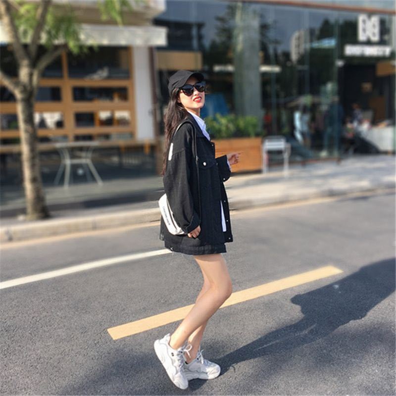 Denim Jacket Women'S Mid-Length Black Spring And Autumn Loose Large Size Net Red All-Match Student Jacket