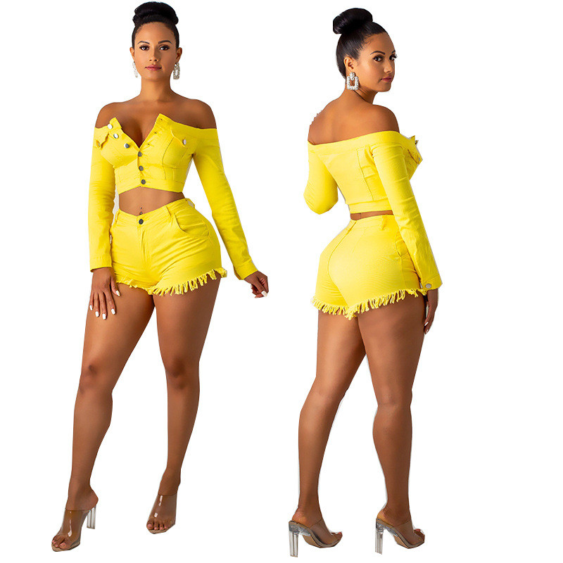 One-shoulder Long-sleeved Jacket Denim Fringed Shorts Suit