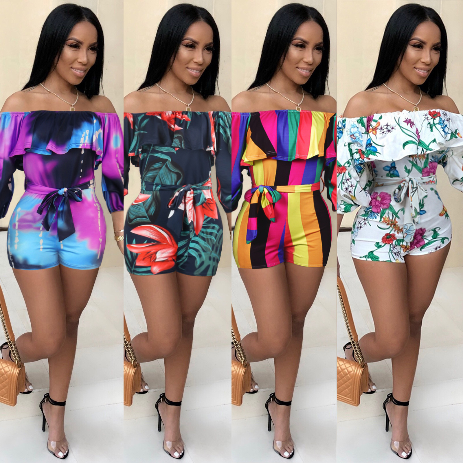 European And American Women's Sexy Printed Cascading Sleeve Belt Jumpsuit