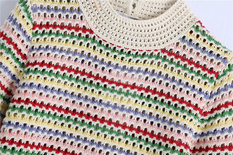 New Style Soft Waxy Hollow Design Color Striped Knitted Top