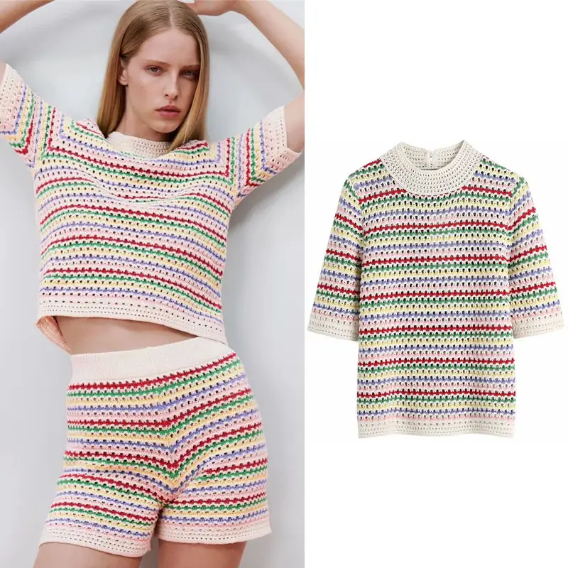 New Style Soft Waxy Hollow Design Color Striped Knitted Top