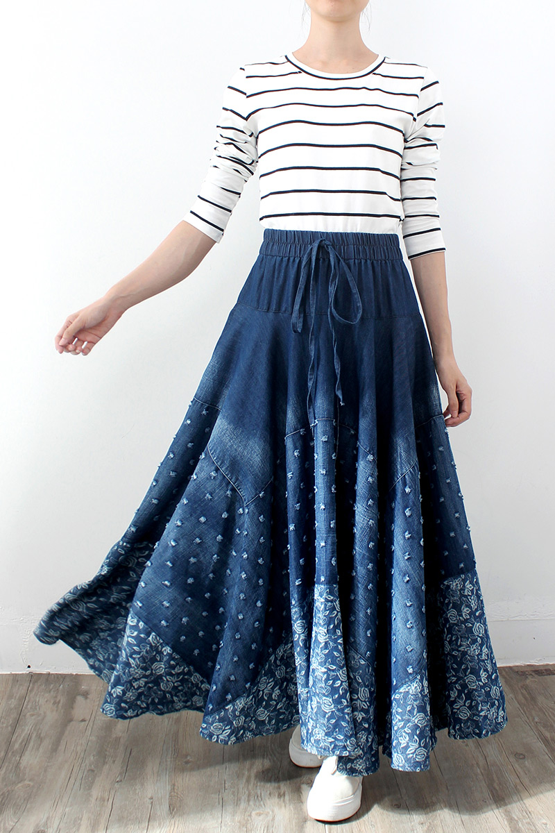 Denim Skirt Half-Length Printed High Waist Skirt A-Line Skirt Mid-Length Large Pleated Skirt