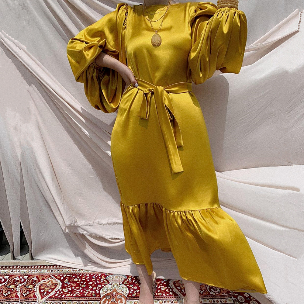 Ramadan Eid Mubarak Kaftan Dubai Abaya Turkey Islam Muslim Fashion Women Hijab Dress Caftan Marocain Dresses Vestidos Robe Femme Yellow - Shop at LoveMi