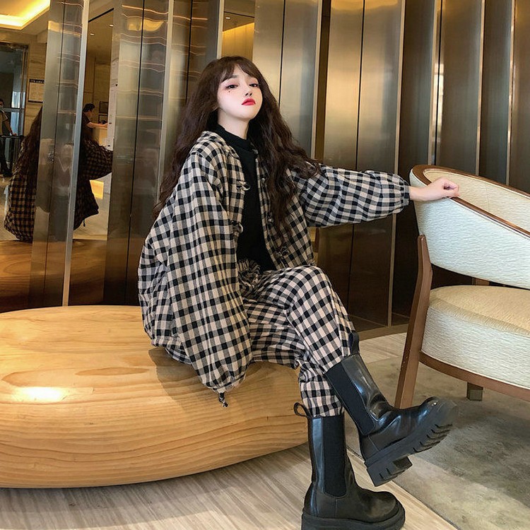 Chinese style literary retro loose disc buckle plaid plus velvet thickening suit Report